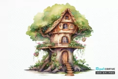 Fairy Tree House Watercolor PNG Clipart Product Image 1