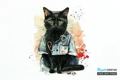 Watercolor Black Cat Nurse png clipart Product Image 1