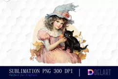 Watercolor Halloween Girl and Cat Clipart Design Product Image 1