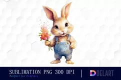 Watercolor Cute Rabbit Holding Flower Clipart Design Product Image 1