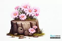 Flowers On Tree Stump Watercolor PNG Clipart Product Image 1