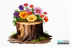 Flowers On Tree Stump Watercolor PNG Clipart Product Image 1