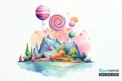 Watercolor Candy Planet Landscape PNG Clipart Product Image 1