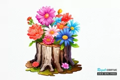 Flowers On Tree Stump Watercolor PNG Clipart Product Image 1