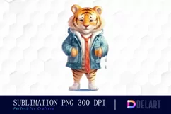 Watercolor Cute Tiger in Clothes Clipart, Sublimation Art Product Image 1