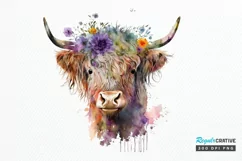 Watercolor Floral Highland Cow PNG Clipa Product Image 1