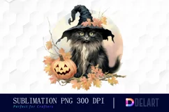 Watercolor Halloween Girl and Cat Clipart Product Image 1