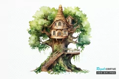 Fairy Tree House Watercolor PNG Clipart Product Image 1