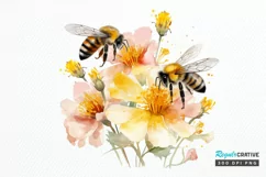 Bee and Flowers Watercolor PNG Clipart Product Image 1