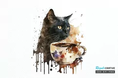 Watercolor Black Cat and Coffee PNG Clipart Product Image 1