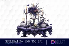 Watercolor Gothic Halloween Tea Time Clipart, PNG Product Image 1