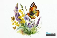 Watercolor Butterfly and Spring Flowers png clipart Product Image 1