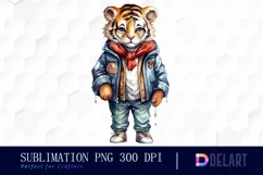 Watercolor Cute Tiger in Clothes Clipart, Sublimation Art Product Image 1
