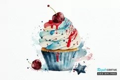 Watercolor 4th of July Cute Cupcake PNG Clipart Product Image 1