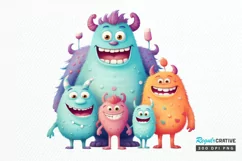 Cute Monster Family Watercolor PNG Clipart Product Image 1