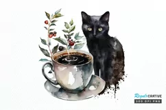 Watercolor Black Cat and Coffee PNG Clipart Product Image 1