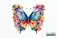 Rainbow Butterfly and Flowers PNG Clipart Product Image 1