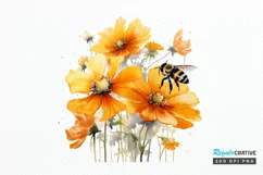 Bee and Flowers Watercolor PNG Clipart Product Image 1