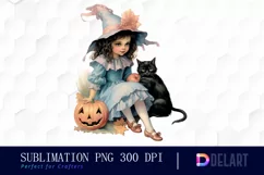 Watercolor Halloween Girl and Cat Exquisite Clipart Product Image 1