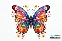 Rainbow Butterfly and Flowers PNG Clipart Product Image 1