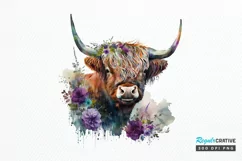 Watercolor Floral Highland Cow PNG Clipa Product Image 1