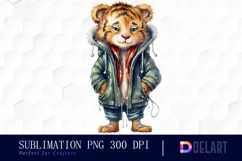 Watercolor Cute Tiger in Clothes Clipart, Sublimation Art Product Image 1