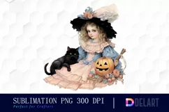 Watercolor Halloween Girl and Cat Sublimation Graphics Product Image 1