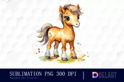 Watercolor Cute Horse Kids Cartoon Clipart, Sublimation Art Product Image 1