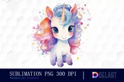 Watercolor Cute Unicorn Chibi Style PNG Clipart Product Image 1