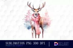 Watercolor Reindeer Pink Scarf Sublimation Clipart Product Image 1