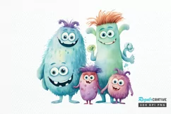 Cute Monster Family Watercolor PNG Clipart Product Image 1