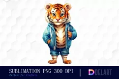 Watercolor Cute Tiger in Clothes Clipart, Sublimation Art Product Image 1