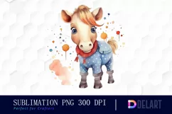 Watercolor Cute Horse Kids Cartoon Clipart, Sublimation Art Product Image 1