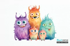 Cute Monster Family Watercolor PNG Clipart Product Image 1