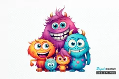 Cute Monster Family Watercolor PNG Clipart Product Image 1