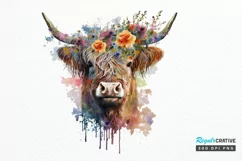 Watercolor Floral Highland Cow PNG Clipa Product Image 1