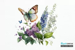 Watercolor Butterfly and Spring Flowers png clipart Product Image 1