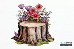 Flowers On Tree Stump Watercolor PNG Clipart Product Image 1