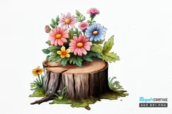 Flowers On Tree Stump Watercolor PNG Clipart Product Image 1