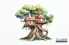 Fairy Tree House Watercolor PNG Clipart Product Image 1