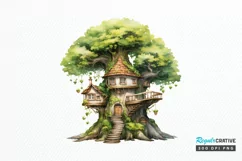 Fairy Tree House Watercolor PNG Clipart Product Image 1