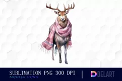 Watercolor Reindeer Pink Scarf PNG Clipart Product Image 1