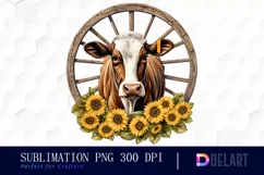 Cow with Wooden Wheel Sunflowers Clipart Product Image 1
