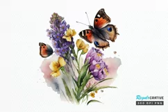 Watercolor Butterfly and Spring Flowers png clipart Product Image 1