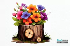Flowers On Tree Stump Watercolor PNG Clipart Product Image 1