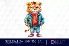 Watercolor Cute Tiger in Clothes Clipart, Sublimation Art Product Image 1