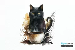 Watercolor Black Cat and Coffee PNG Clipart Product Image 1