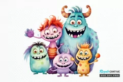 Cute Monster Family Watercolor PNG Clipart Product Image 1