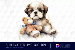 Watercolor Shih Tzu Playing Teddy Bear PNG Clipart Product Image 1