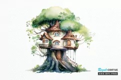 Fairy Tree House Watercolor PNG Clipart Product Image 1